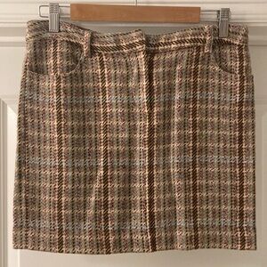 Gianni Bini Tan, Brown, Blue Plaid Mini Skirt